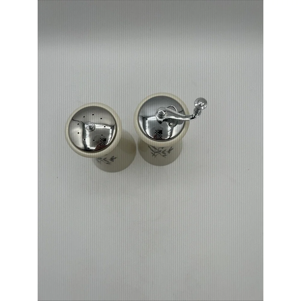 Lenox Salt Shaker and Pepper Mill Set Cream Floral Chrome Top Mid Century Modern